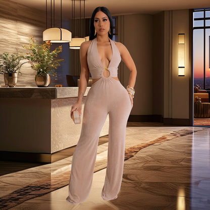 Women's Holiday Banquet Sexy Solid Color Full Length Jumpsuits