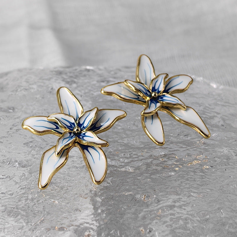 Vintage Enamel Flower Drop Earrings with S925 Posts