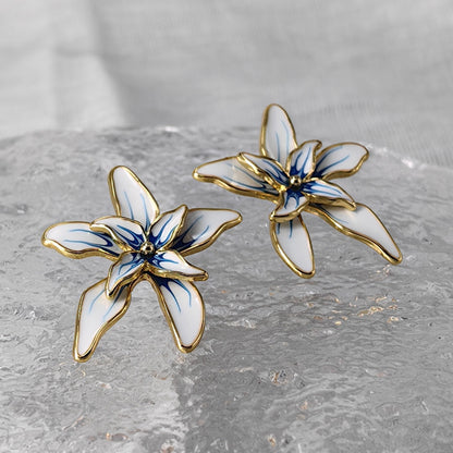 Vintage Enamel Flower Drop Earrings with S925 Posts