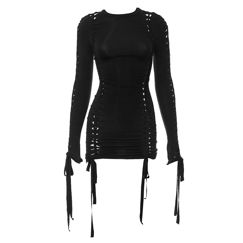 Women's Hip skirt Streetwear Round Neck Long Sleeve Solid Color Above Knee Holiday