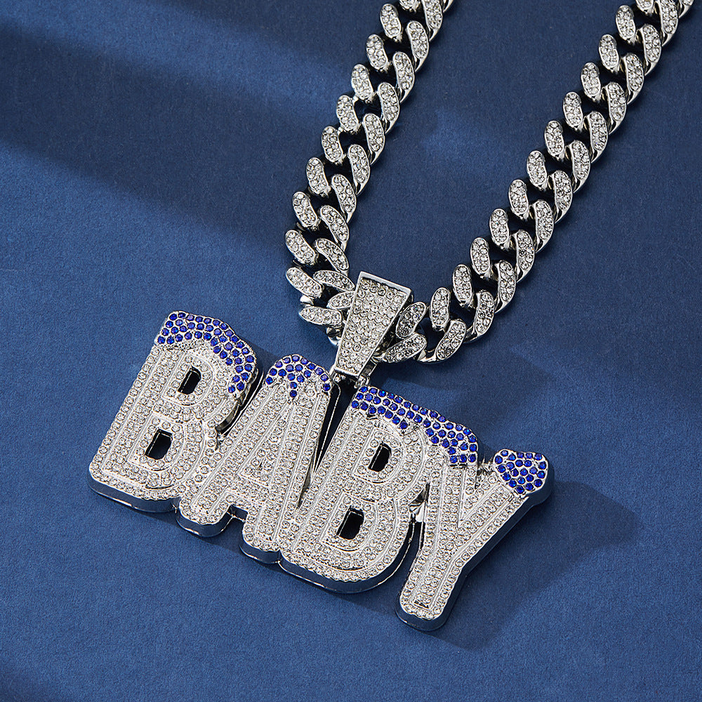 Cross-Border Hot Selling Men's Street Colorful Crystals English Letter Baby Pendant Rapper Hip Hop Cool Cuban Link Chain