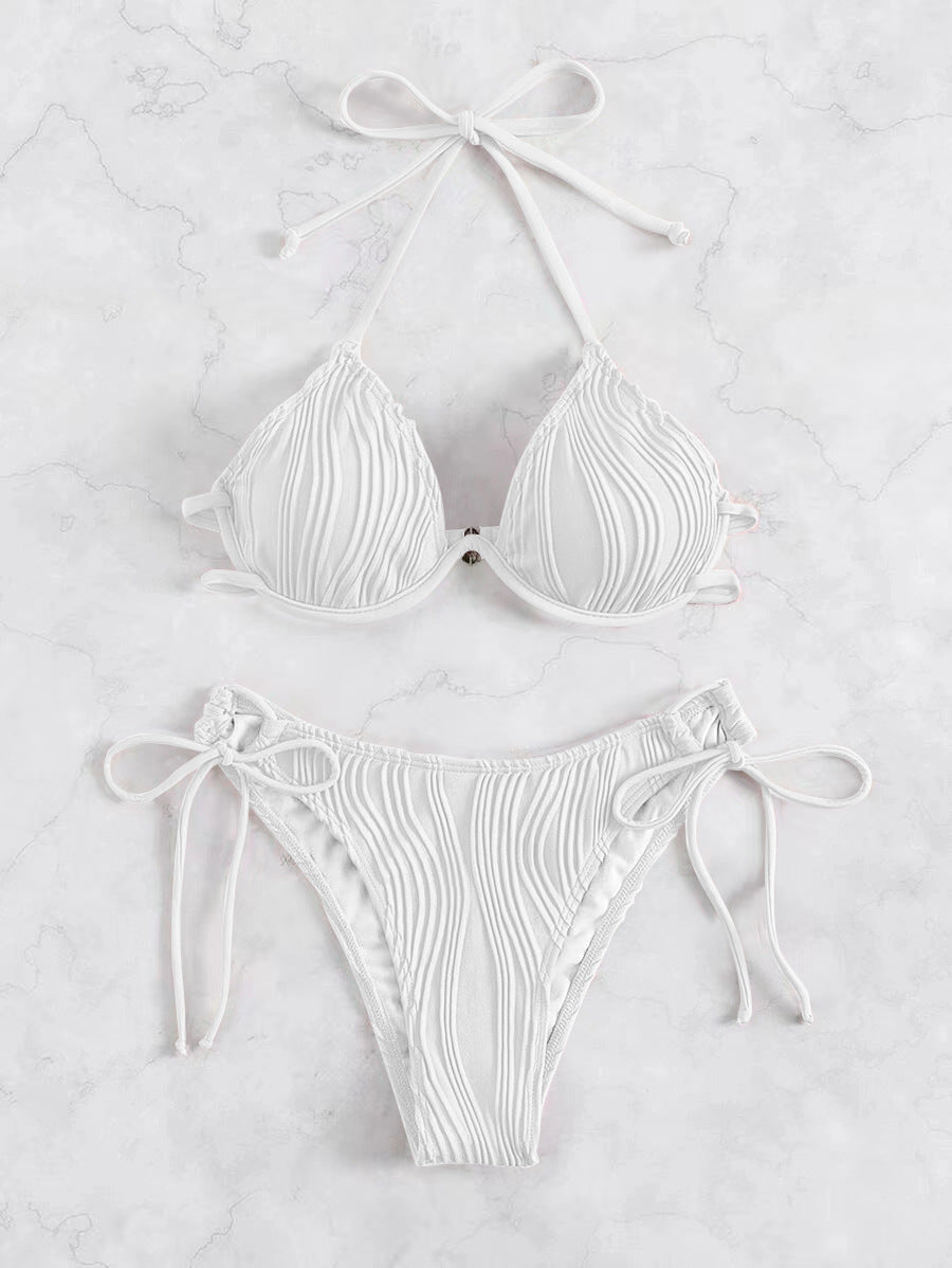 Women's Solid Color Stripe 2 Pieces Set Bikinis Swimwear