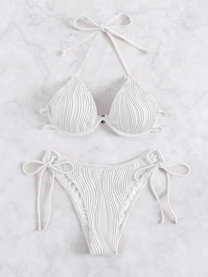 Women's Solid Color Stripe 2 Pieces Set Bikinis Swimwear