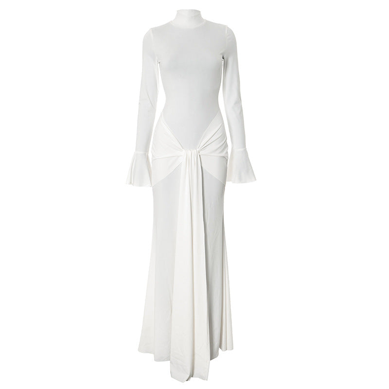 Women's Sheath Dress Streetwear Turtleneck Ribbon Long Sleeve Solid Color Maxi Long Dress Holiday