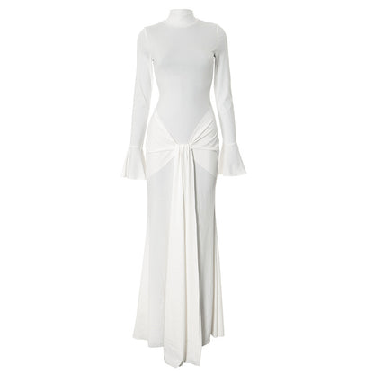 Women's Sheath Dress Streetwear Turtleneck Ribbon Long Sleeve Solid Color Maxi Long Dress Holiday