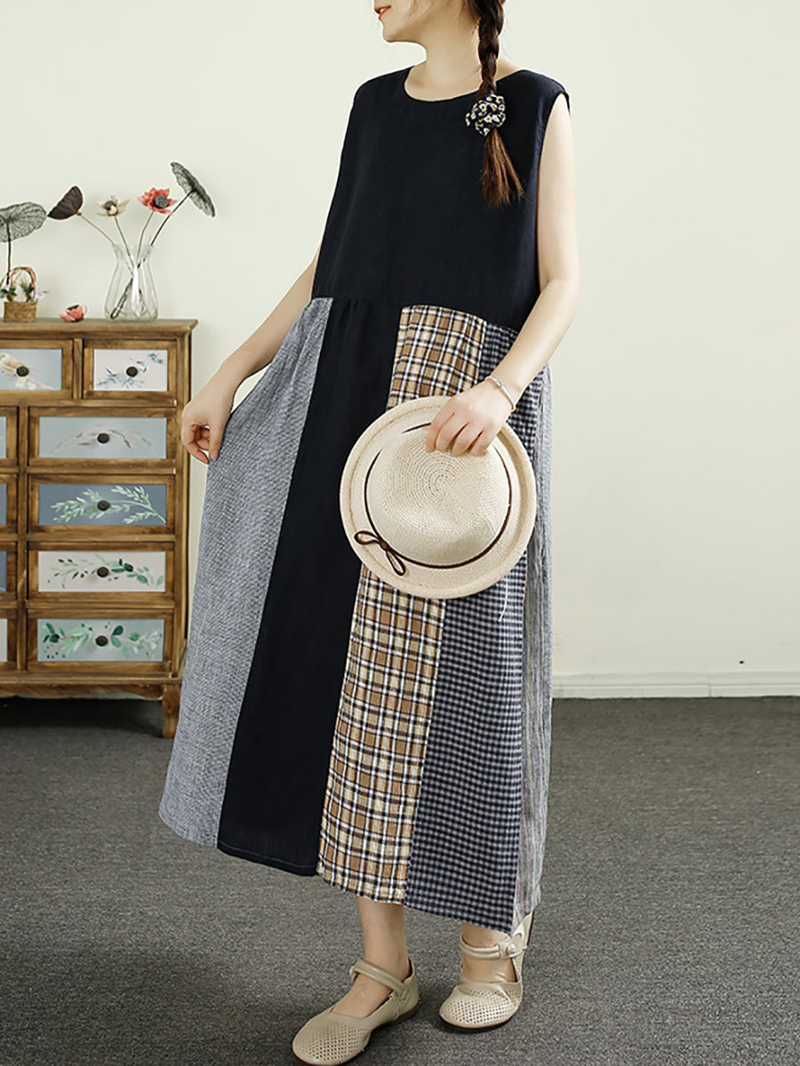 Plus Size Women Summer Plaid Spliced 100%Linen Vest Dress
