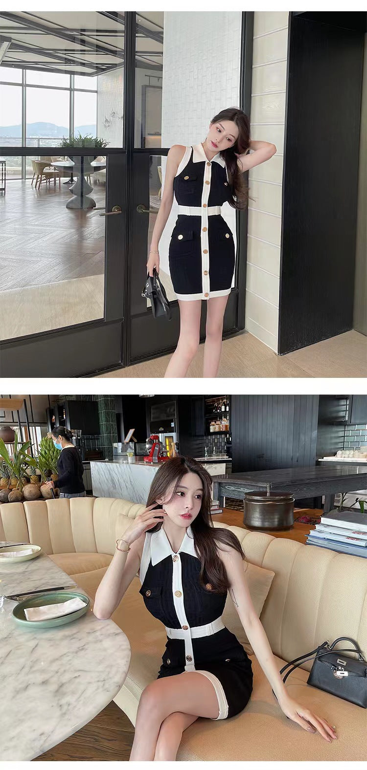 Women's Sheath Dress Elegant Turndown Contrast Binding Button Sleeveless Plaid Above Knee Daily