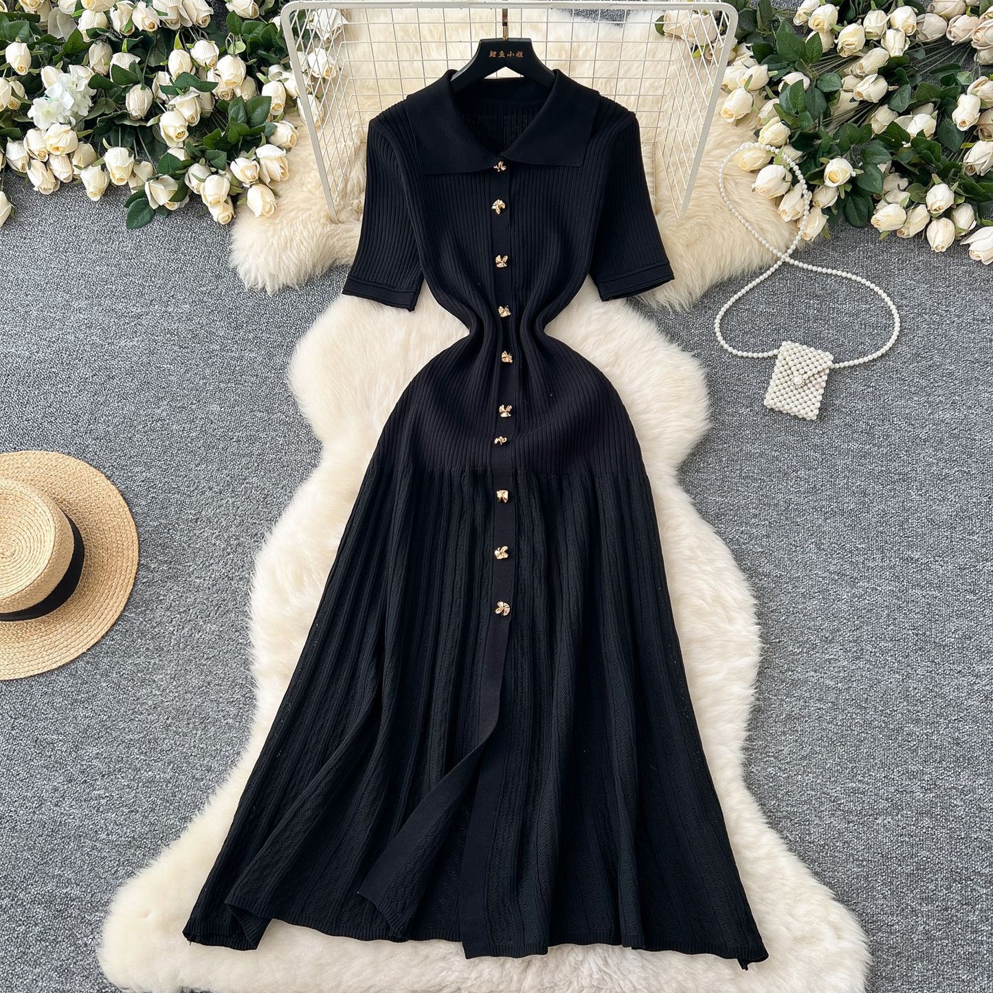 Women's Sheath Dress Simple Style Turndown Button Short Sleeve Solid Color Midi Dress Holiday