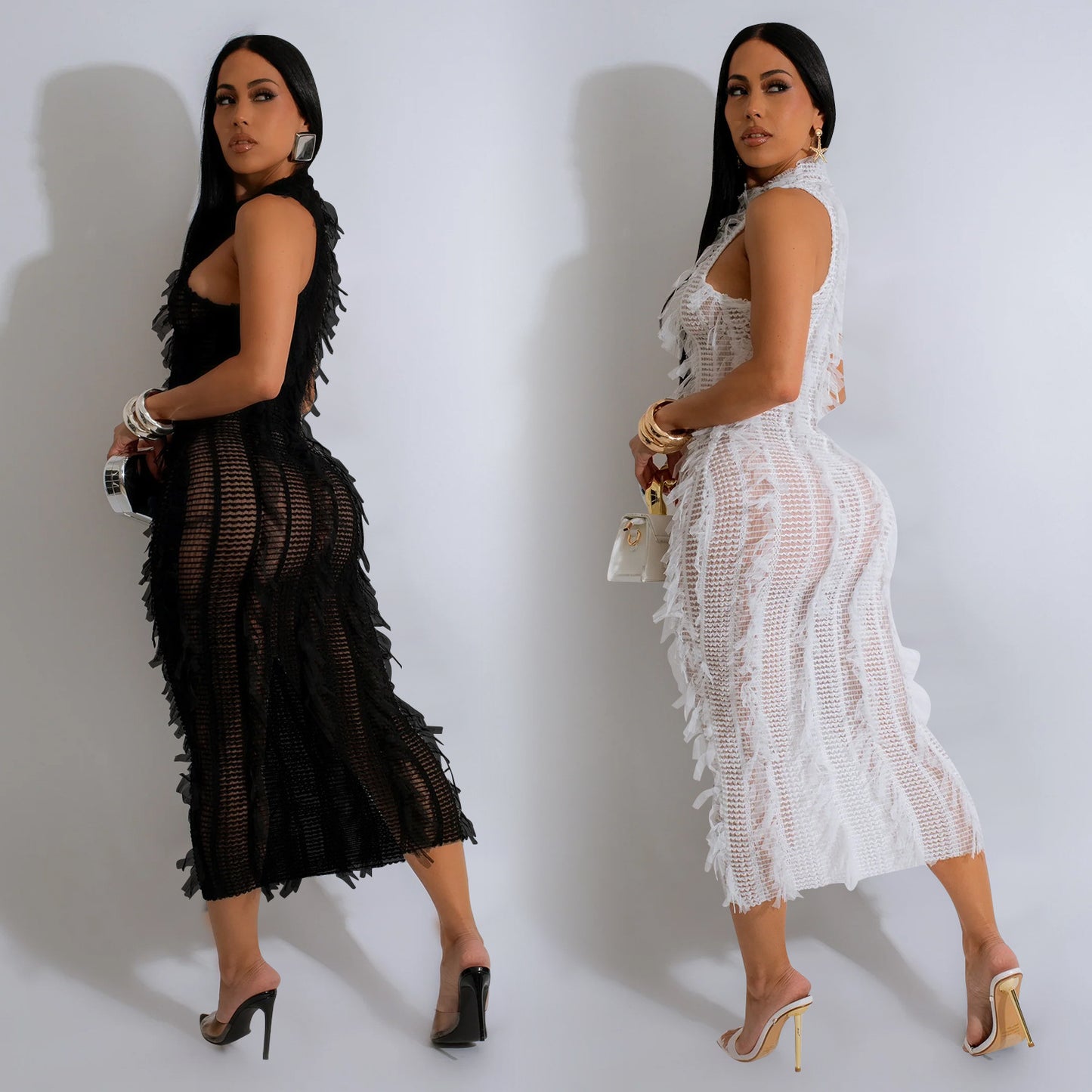 Women's Sheath Dress Elegant Round Neck Feather Sleeveless Mesh Midi Dress Banquet