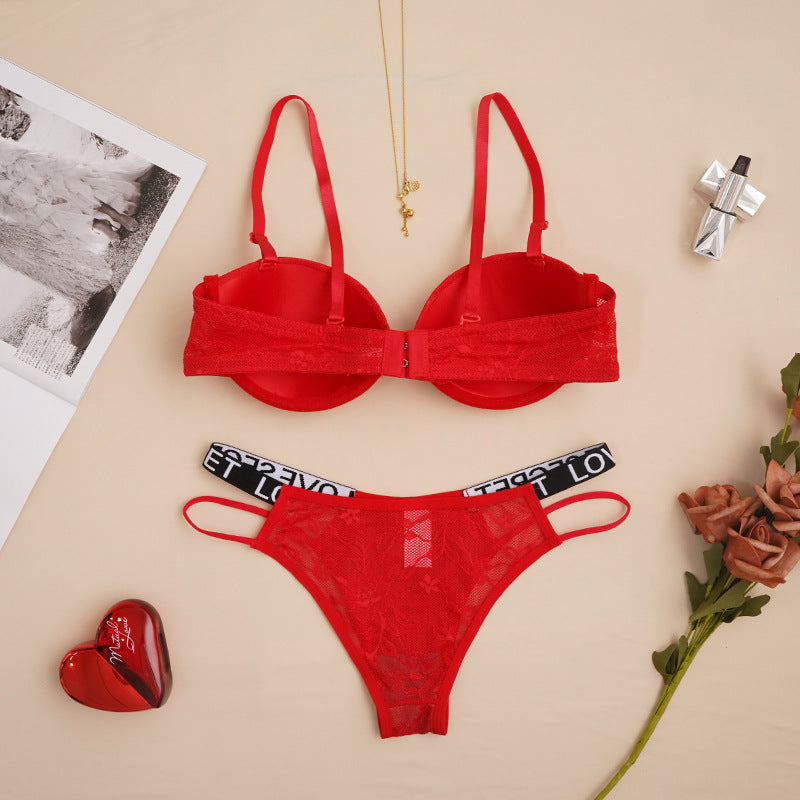 Solid Color Sexy Back Beauty Gather Bra&Panty Set