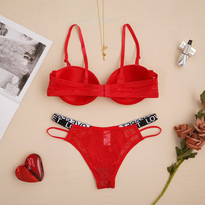 Solid Color Sexy Back Beauty Gather Bra&Panty Set