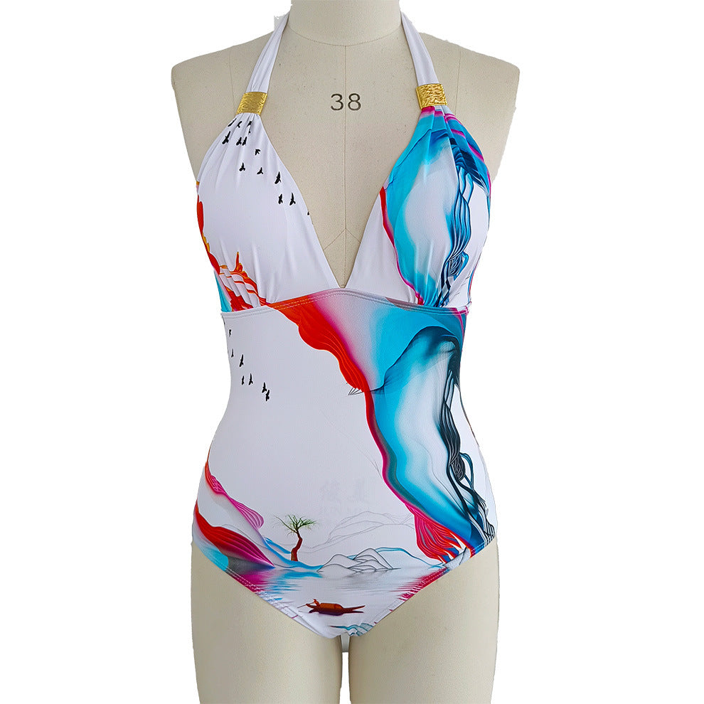 2022 European and American new deep v backless women's swimwear, sexy one-piece belly covering and thin models, foreign trade wholesale cross-border