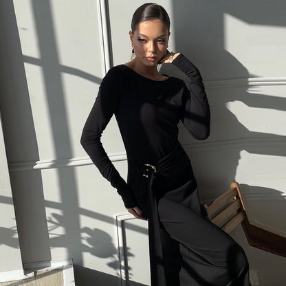 Women's Sheath Dress Elegant Round Neck Thigh Slit Long Sleeve Solid Color Maxi Long Dress Banquet Daily