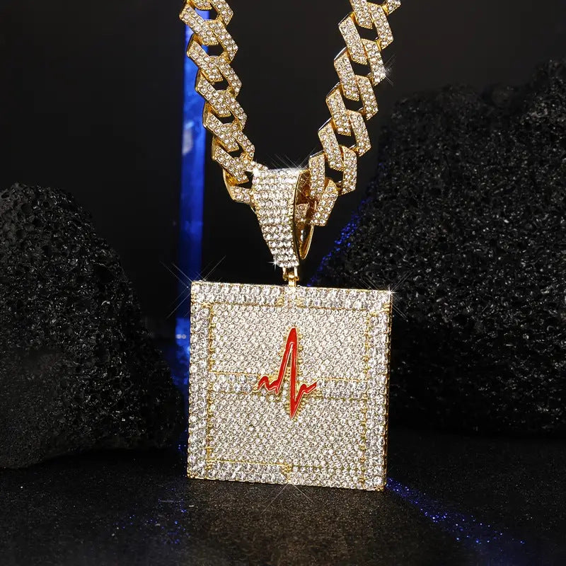 Cross-Border New Arrival European and American Hip Hop Style Dripping Oil Full Diamond Heartbeat Pulse Pendant Necklace High Quality Men's Cuban Link Chain