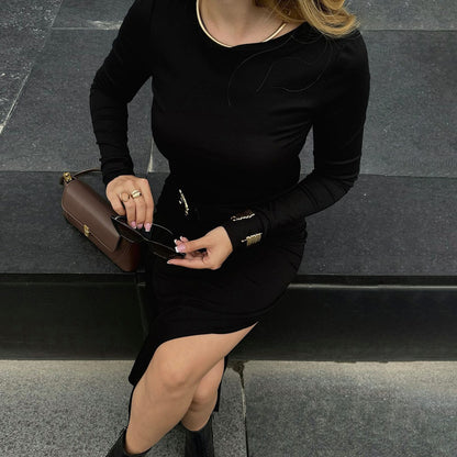 Women's Sheath Dress Elegant Round Neck Thigh Slit Long Sleeve Solid Color Maxi Long Dress Banquet Daily