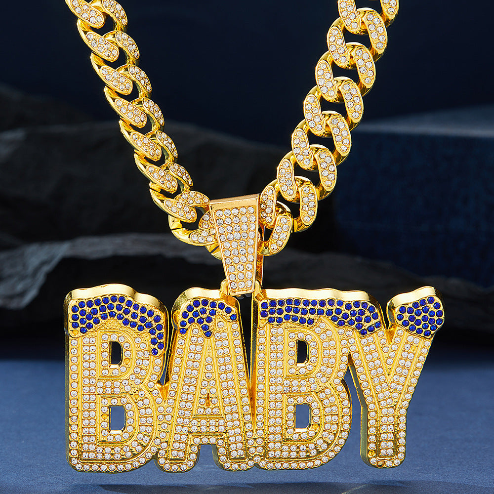 Cross-Border Hot Selling Men's Street Colorful Crystals English Letter Baby Pendant Rapper Hip Hop Cool Cuban Link Chain