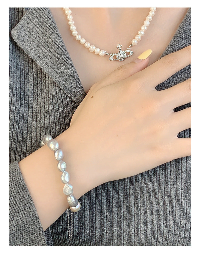 925 Sterling Silver Freshwater Pearl Beaded Chain Bracelets Casual Classic Style