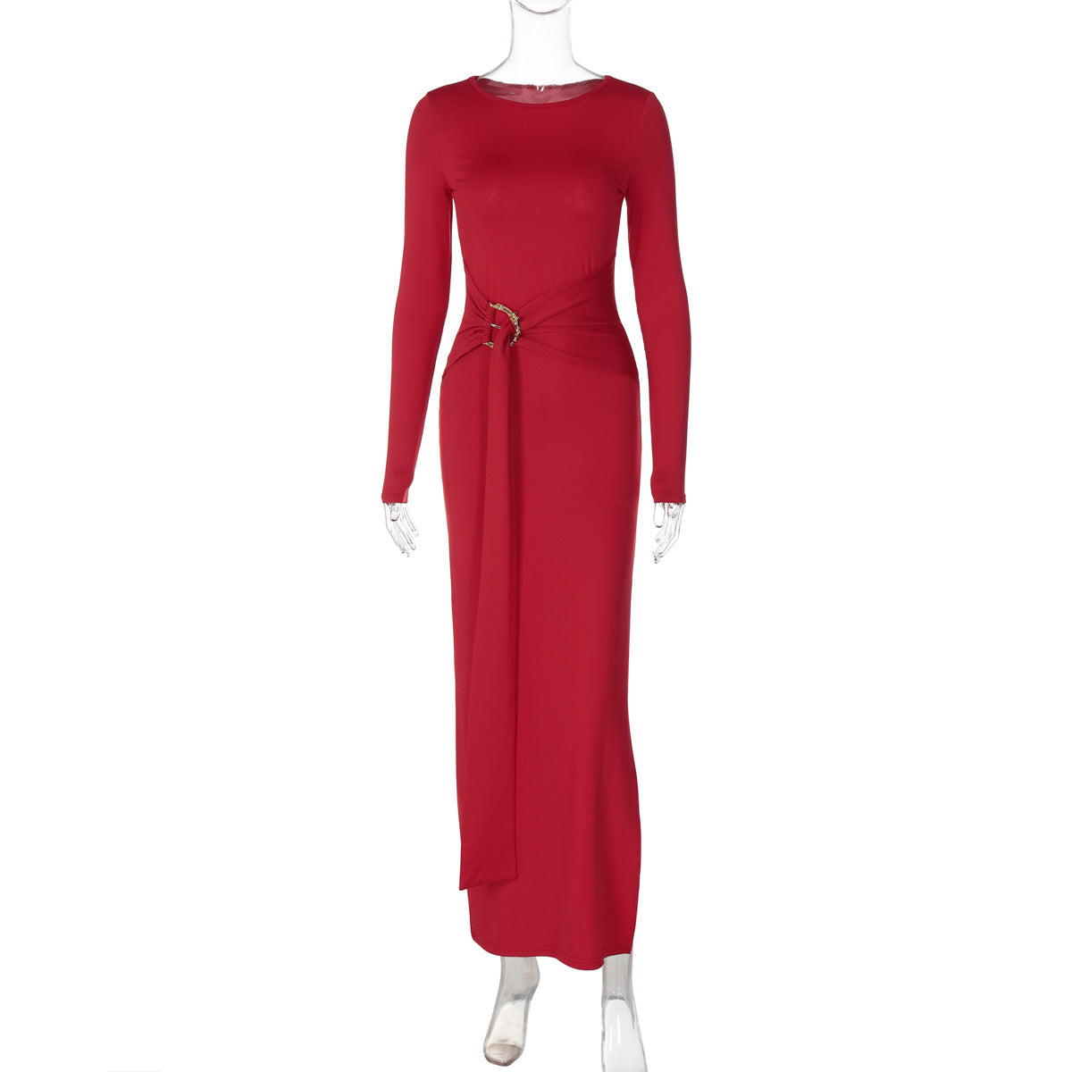 Women's Sheath Dress Elegant Round Neck Thigh Slit Long Sleeve Solid Color Maxi Long Dress Banquet Daily