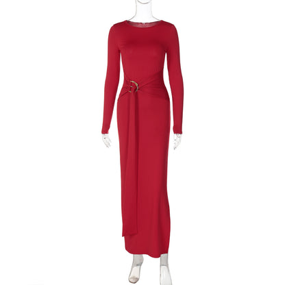 Women's Sheath Dress Elegant Round Neck Thigh Slit Long Sleeve Solid Color Maxi Long Dress Banquet Daily