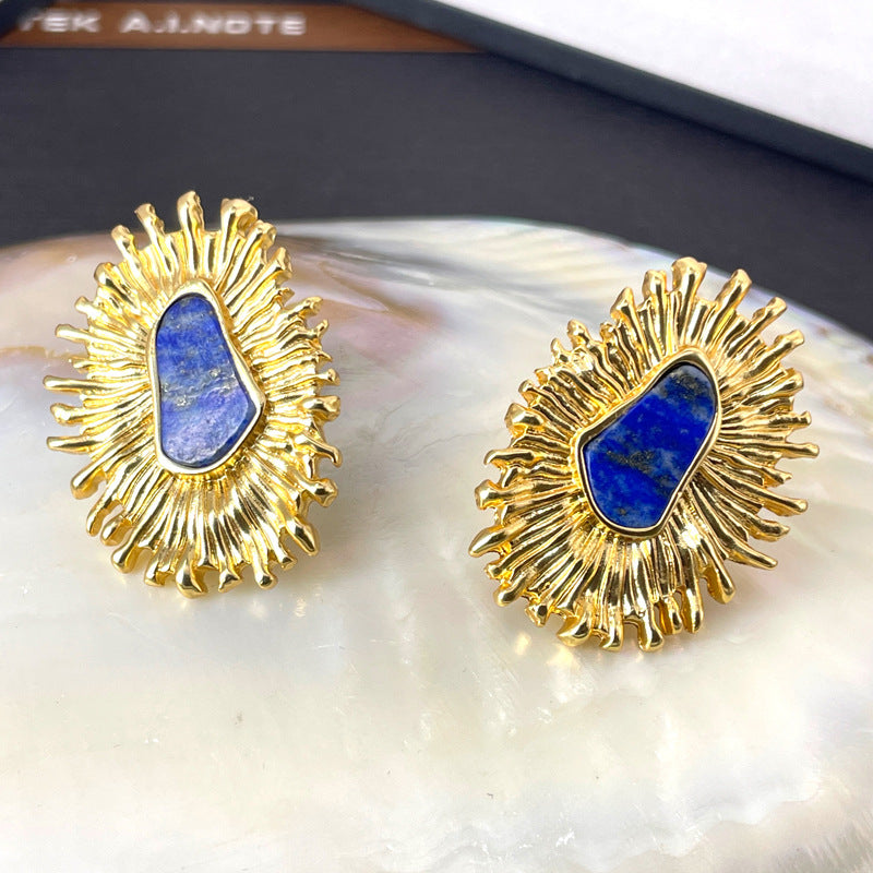 青岛中古vintage耳钉青金石天然石耳饰镀真金925银针女耳环批发