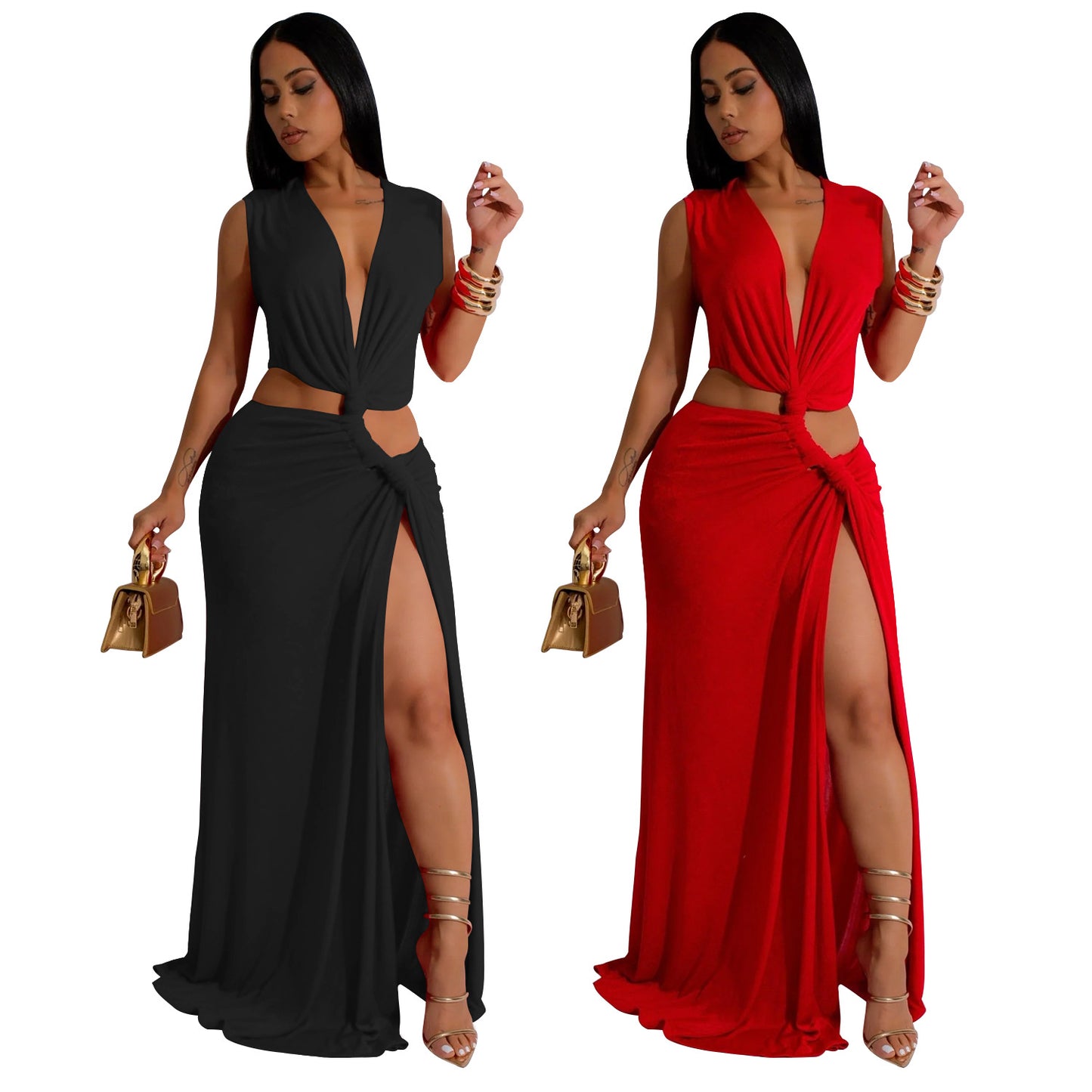 Women's Sheath Dress Elegant Deep V Thigh Slit Sleeveless Solid Color Maxi Long Dress Banquet
