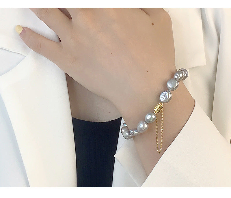 925 Sterling Silver Freshwater Pearl Beaded Chain Bracelets Casual Classic Style