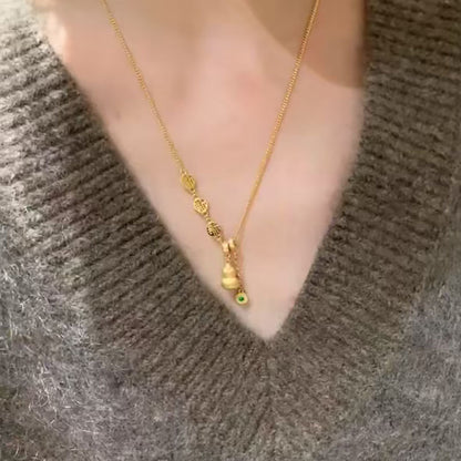 Gold-plated brushed craft lucky gourd necklace, women's yellow-gold Fulu tassel pendant, collarbone chain, gift for girlfriend