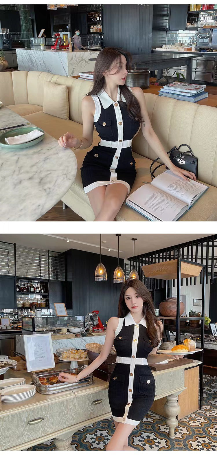 Women's Sheath Dress Elegant Turndown Contrast Binding Button Sleeveless Plaid Above Knee Daily