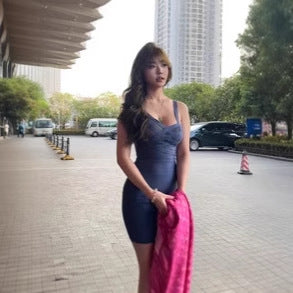 Mesh Panel Cross-Bandage Bodycon Mini Dress in Blue