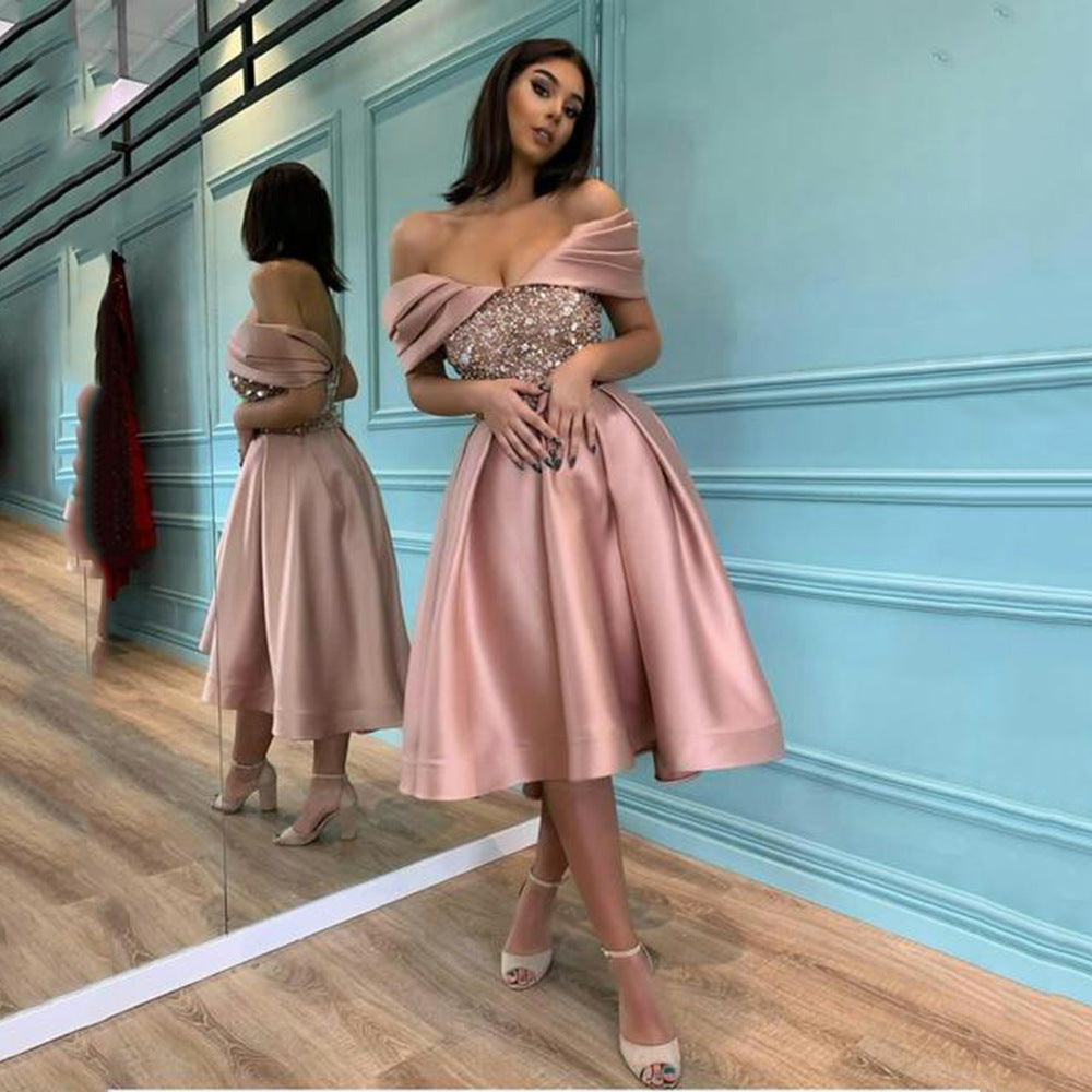 party dress romantic boat neck sequins backless sleeveless solid color midi dress wedding