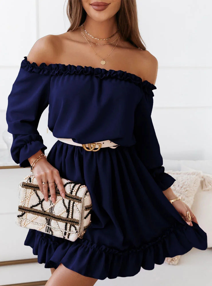women's regular dress fashion off shoulder patchwork long sleeve solid color above knee daily