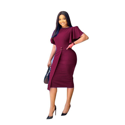 women's pencil skirt elegant round neck button short sleeve solid color knee-length holiday