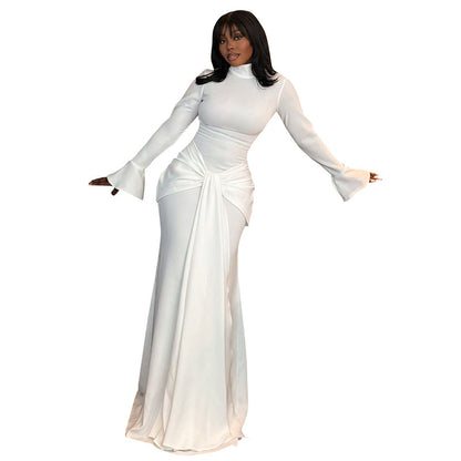 Women's Sheath Dress Streetwear Turtleneck Ribbon Long Sleeve Solid Color Maxi Long Dress Holiday