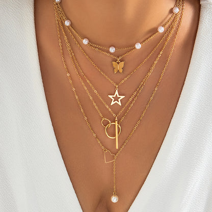 Jewelry Retro Star Heart Shape Arylic Alloy Copper Plating Pendant Necklace
