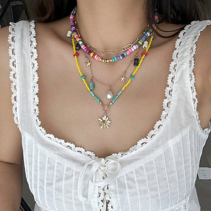 Vacation Pastoral Geometric Alloy Seed Bead Beaded Chain Layered Necklaces