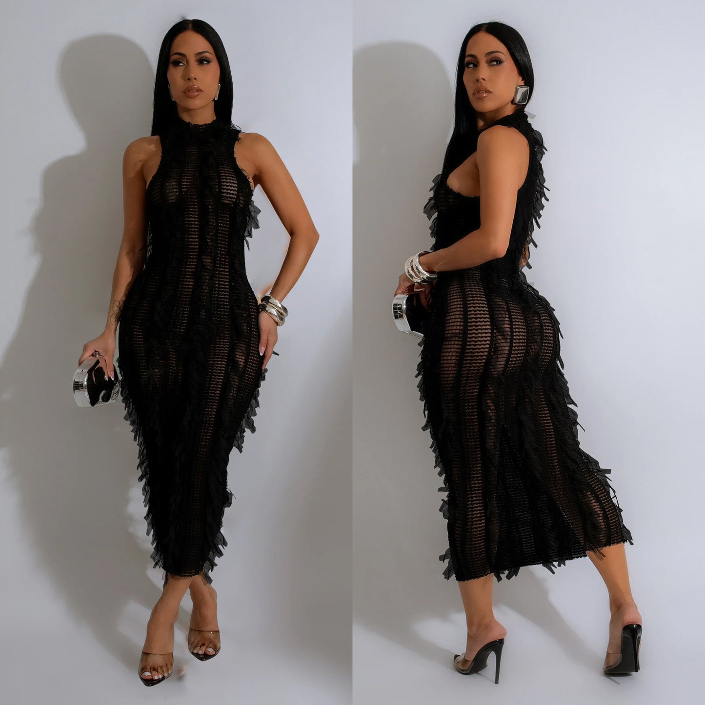 Women's Sheath Dress Elegant Round Neck Feather Sleeveless Mesh Midi Dress Banquet