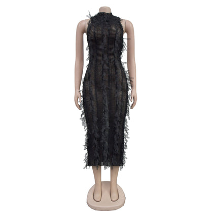 Women's Sheath Dress Elegant Round Neck Feather Sleeveless Mesh Midi Dress Banquet