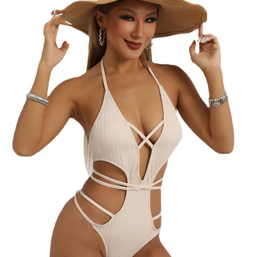 Sexy swimsuit women's 2024 new European and American lace-up hollow foreign trade cross-border one-piece swimsuit women wholesale