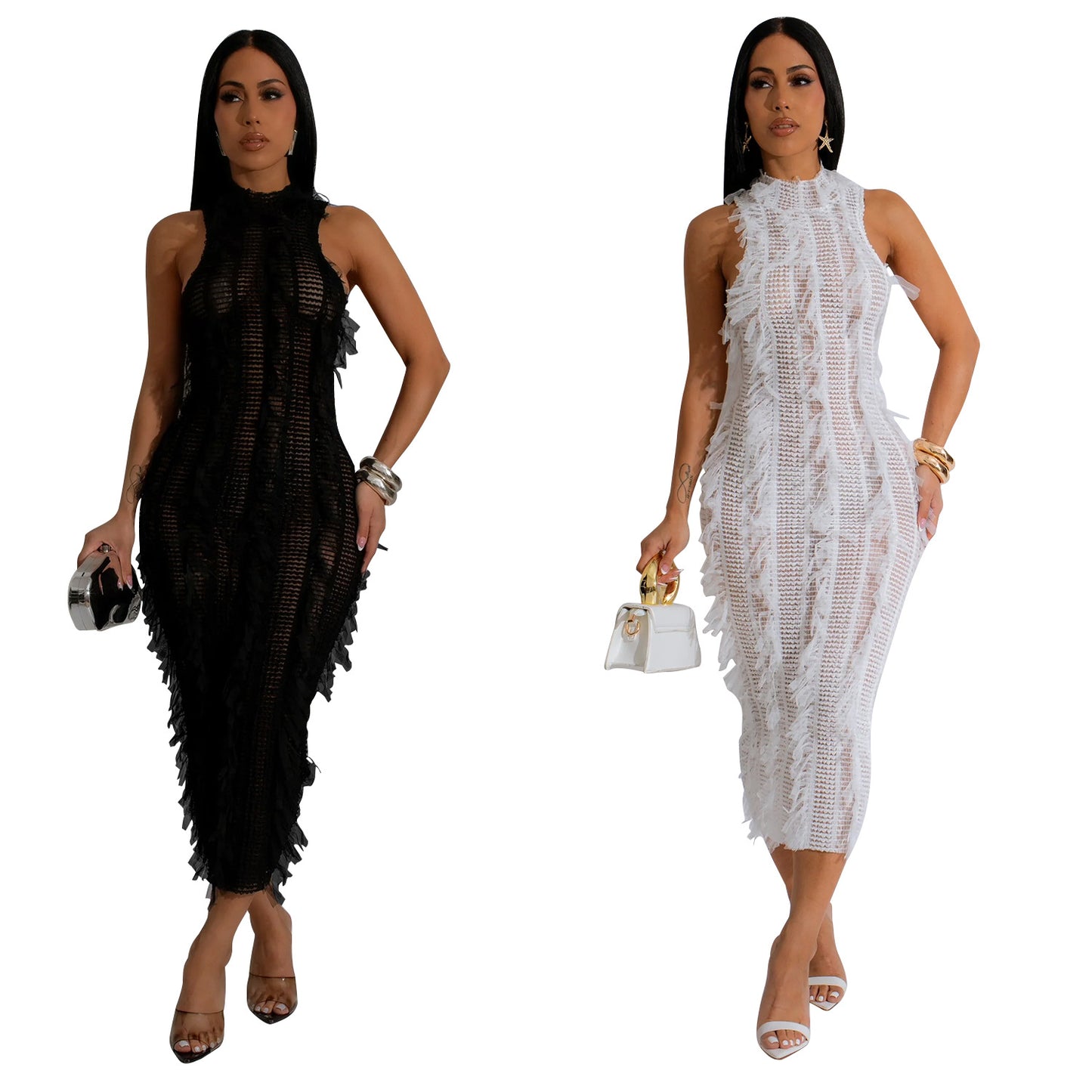 Women's Sheath Dress Elegant Round Neck Feather Sleeveless Mesh Midi Dress Banquet