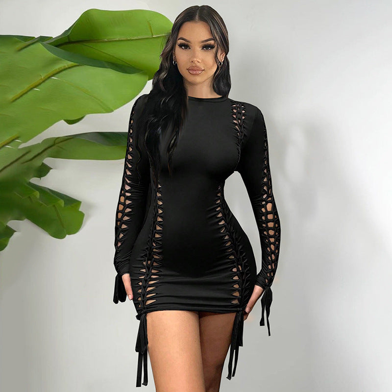 Women's Hip skirt Streetwear Round Neck Long Sleeve Solid Color Above Knee Holiday