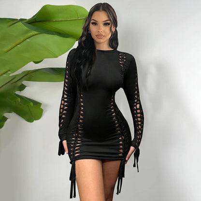 Women's Hip skirt Streetwear Round Neck Long Sleeve Solid Color Above Knee Holiday
