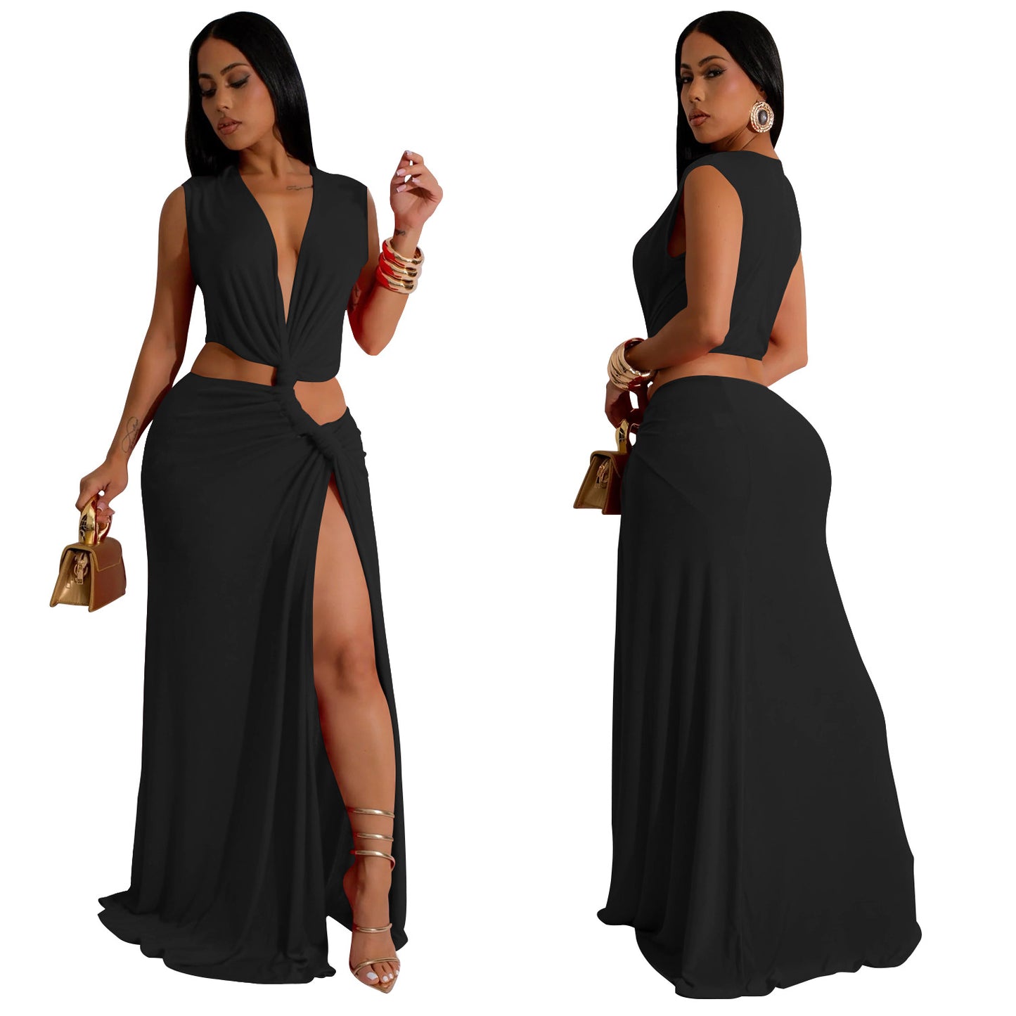 Women's Sheath Dress Elegant Deep V Thigh Slit Sleeveless Solid Color Maxi Long Dress Banquet