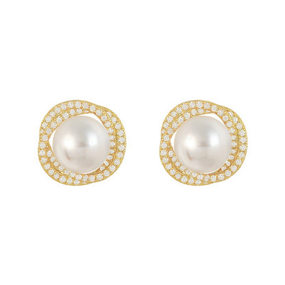 925 Silver Needle Spiral Pearl Stud Earrings Women's Premium Temperament Earrings