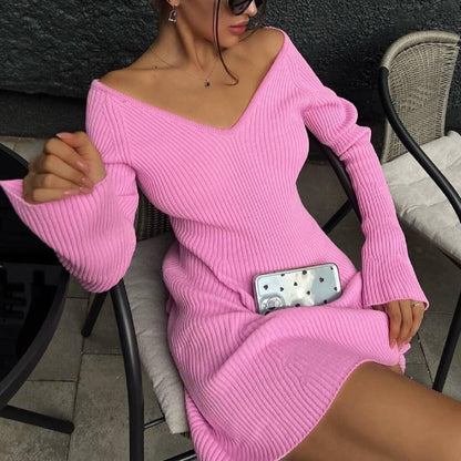 Women's Sheath Dress Simple Style V Neck Long Sleeve Solid Color Above Knee Holiday