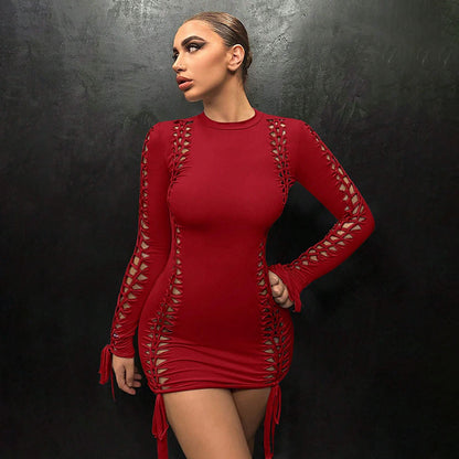 Women's Hip skirt Streetwear Round Neck Long Sleeve Solid Color Above Knee Holiday