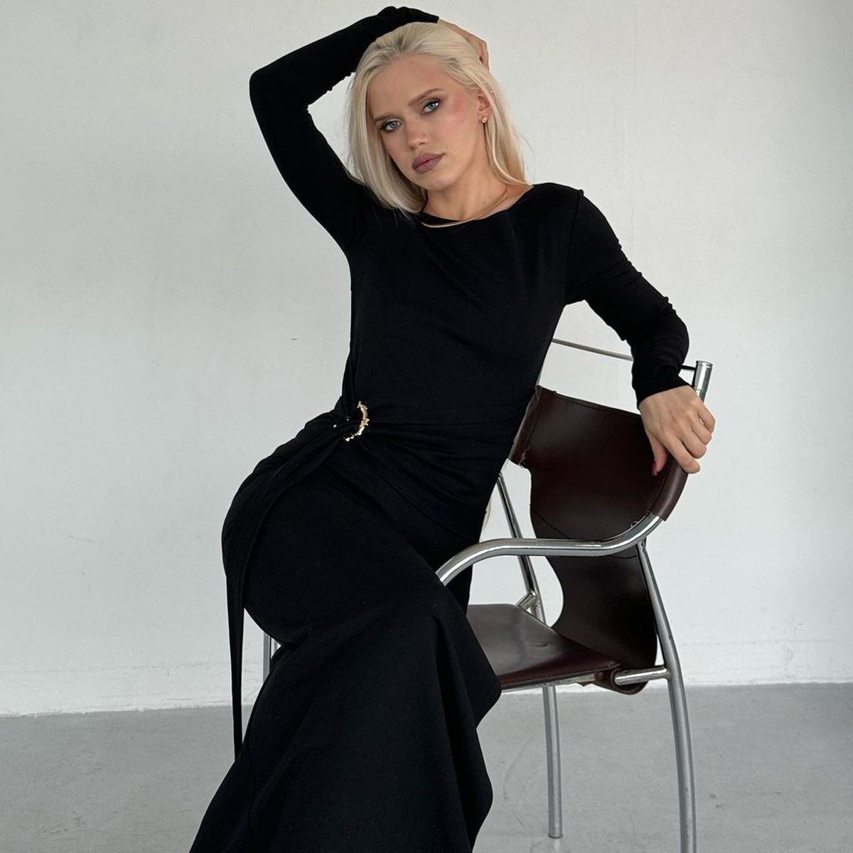Women's Sheath Dress Elegant Round Neck Thigh Slit Long Sleeve Solid Color Maxi Long Dress Banquet Daily