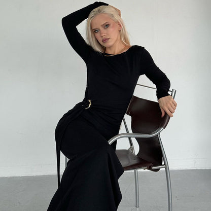 Women's Sheath Dress Elegant Round Neck Thigh Slit Long Sleeve Solid Color Maxi Long Dress Banquet Daily