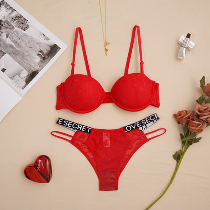 Solid Color Sexy Back Beauty Gather Bra&Panty Set