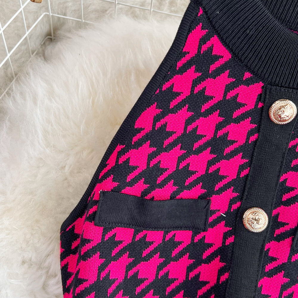 Women's Sheath Dress Elegant Round Neck Button Sleeveless Houndstooth Above Knee Daily