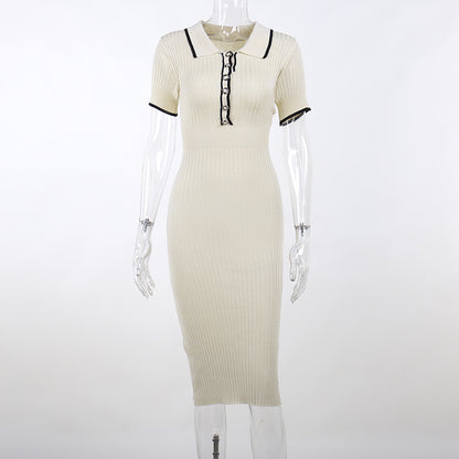Women's Sheath Dress Elegant Turndown Short Sleeve Stripe Midi Dress Daily